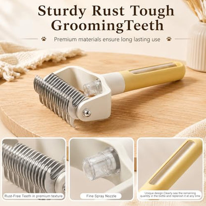 Dual-Sided Pet Grooming Comb,2‑in‑1 Professional Brush Deshedding Dog Brush with Spray Design, Dematting Comb Undercoat Rake for Long Haired Pet Grooming Tool - color: Yellow