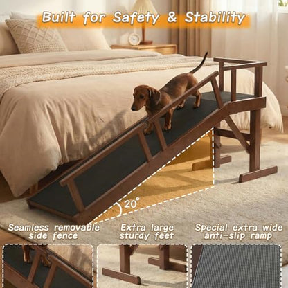 61" Dog Ramp for Bed with Rest Platform & Glow Strips, 20° Gentle Slope, EVA Non-Slip Surface, Removable Safety Rails, Birchwood Solid Wood, for Small, Large & Senior Dogs, Joint Protection, Brown - size: 61"L x 20"H x 15.7"W