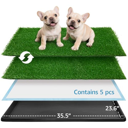 Grass Pad for Dogs Potty: 35.5” x 23.6” Indoor Dog Grass Pad with Tray 2 Pcs Replacement Artificial Grass Mats-5 Pics Disposable Puppy Pads for Puppy Training Apartment,Balcony & Apartment Use