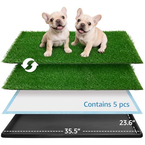 Grass Pad for Dogs Potty: 35.5” x 23.6” Indoor Dog Grass Pad with Tray 2 Pcs Replacement Artificial Grass Mats-5 Pics Disposable Puppy Pads for Puppy Training Apartment,Balcony & Apartment Use