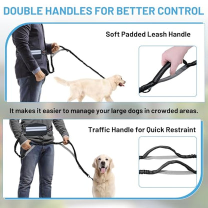 Hands Free Double Dog Leash No Tangle, Waist Leash for Dog Walking, Retractable Dog Leashes for Medium and Large Breeds-Pouch & Lumbar Support, Adjustable Waist Belt, Retractable Bungee,Padded Handles