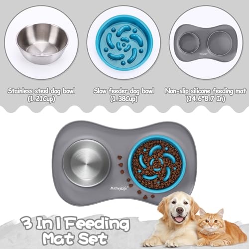 MateeyLife Dog Food and Water Bowl Set 3 in 1, Slow Feeder Dog Bowls & Stainless Steel Water Bowl with Non-Spill Silicone Mat, Cat and Puppy Bowls Pet Dishes for Small Medium Large Breed Anti-Choking - color: Gray, size: Small