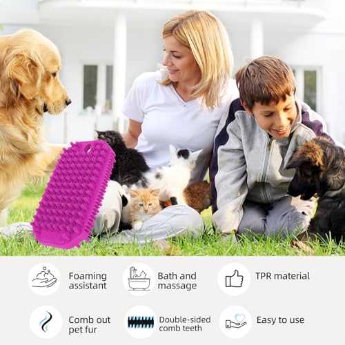 Rose Red 3-in-1 Double-Sided Dog Shampoo Brush Dog Washing Brush Massage Bath Brush for Dogs and Cats Remove Loose Hair Knots Gentle Pet Grooming Tool Deep Cleansing