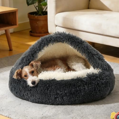 NOYAL Round Hooded Donut Dog Bed for Small & Medium Pets - Plush Fluffy Anti-Anxiety Cat Cave Bed with Cover - color: Dark grey, size: Medium 23.6''