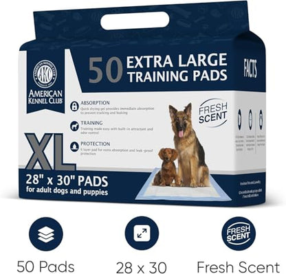 American Kennel Club Scented Puppy Training Pads with Ultra Absorbent Quick Dry Gel – 28 x 30 Pee Pads for Dogs - Fresh Scented - 50 Count, XL (Pack of 2) - size: 28 x 30 - 50 Count (Pack of 2)