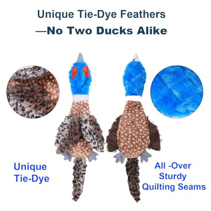 24” Jumbo Quilted Duck Dog Toy – Durable Tie-Dye Plush Bird with Double Squeakers & Crinkle Sound, No Stuffing Interactive Toy for Medium & Large Dogs - color: Blue/Brown/Orange