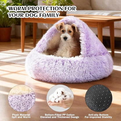 NOYAL Round Hooded Donut Dog Bed for Small & Medium Pets - Plush Fluffy Anti-Anxiety Cat Cave Bed with Cover - color: Gradient Purple, size: Small 19.6''