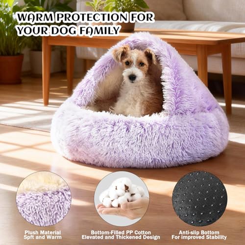 NOYAL Round Hooded Donut Dog Bed for Small & Medium Pets - Plush Fluffy Anti-Anxiety Cat Cave Bed with Cover - color: Gradient Purple, size: Medium 23.6''
