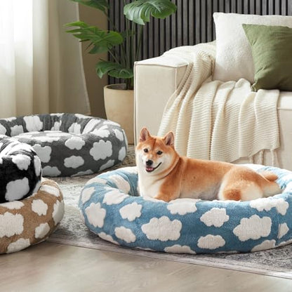 JOEJOY Donut Dog Bed Medium Size Dog, Cute Round Calming Pet Bed with Removable Washable Cover, Orthopedic Puppy Bed with Jacquard Shaggy Plush & Non Skid Bottom - color: Blue, size: M (30x30x8)
