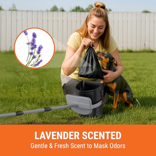 Pupzle Dog Pooper Scooper with Bag Attachment, 40" Long Handle Pooper Scooper for Large Dogs, Dog Poop Scoop for Yard, Large Capacity Swivel Bin and Rake, Lavender Scented Bags (Black) - color: Black