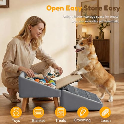 Dog Ramp for Small Dogs, 18.5" Extra Wide 3-in-1 Dog Stair with Foldable Ottoman & Hidden Storage Design, 15.7" H Safer Leather Pet Steps for Couch Sofa (Grey) - color: Grey