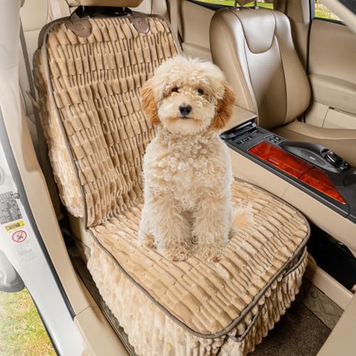 Dog Car Seat Cover for Front Seat, Soft Plush Waterproof Pet Protector with Non-Slip Bottom, Full Coverage with Side Flaps, Against Hair, Dirt and Scratches for SUVs and Trucks (Tan, Front) - color: Tan, size: Standard Front