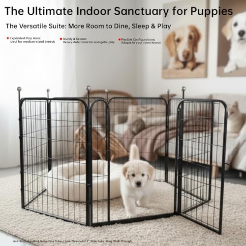 Dog Playpen Indoor/Outdoor,32'' Portable Dog Crates with Easy-Carry Straps,6 Panels Dog Pen Play Pen for Small/Medium Dogs,Rustproof Metal Pet Playpen for Camping RV Yard (with One Door) - size: 32'' High