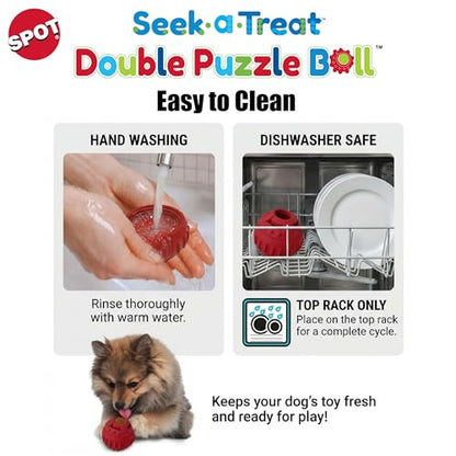 SPOT Seek-A-Treat Double Puzzle Ball Dog Toy, 3.25 in Durable Rubber Treat Dispenser with Dual Openings for Mental Stimulation & Long-Lasting Play, for Dogs up to 50 lbs