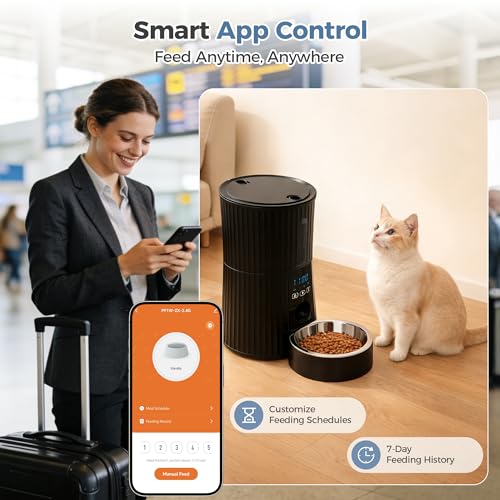 DUMOS Automatic Cat Feeder, 4L Timed Cat Food Dispenser with APP Control, 10s Voice Recorder, Dual Power Supply, 2.4G WiFi Indoor Programmable Pet Feeder with Desiccant for Small Cats and Dogs, Black