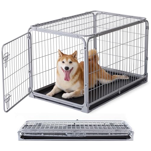 ZOMISIA Collapsible Dog Crate for Medium Dogs - 36 inch Escape Proof Metal Dog Kennel with Double Door, Easy Assembly Foldable Dog Cage with Removable Tray, Indoor Outdoor Use, Silver Gray - size: 36.2"L x 22.4"W x 23.0"H