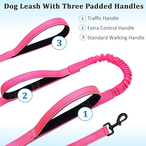 WYuZe 3 Handle Dog Leash for Medium Large Dogs 7FT Bungee Traffic Dog Leash | Reflective Heavy Duty Nylon Training Leash Shock Absorbing Triple Padded Handle No Pull Control Walking (7FT, Pink) - color: Pink