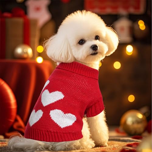 Topbuti Knitted Dog Sweater Heart Puppy Sweater Winter Warm Pullover Turtleneck Knitwear Pet Holiday Clothes for Small Dogs and Cats (Red, Large)
