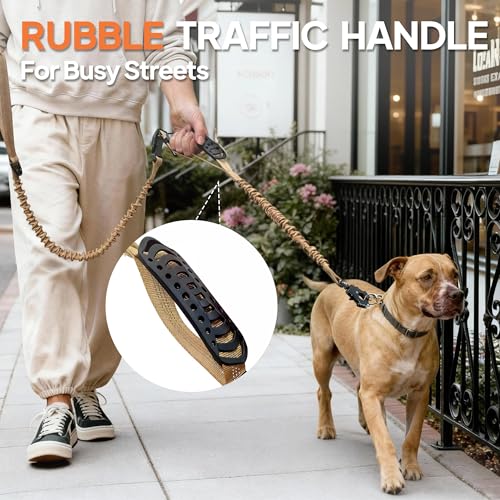 Twoear Heavy Duty Dog Leash for Large Dogs that Pull, 4-7FT Shock Absorbing Bungee Leash with Traffic Handle, Metal Frog Clip, Car Seatbelt, Reflective Tactical Leashes for Medium to Large Breeds