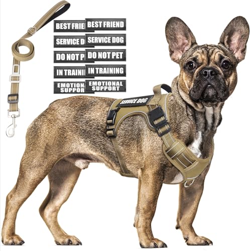 Tactical Dog Harness and Leash Set Medium Sized Dog,Heavy Duty No Pull Service Dog Vest and 10 Patches with Dog Seat Belt,Reflective Adjustable Pet Harness for Training Walking Hiking Brown M - color: Brown, size: Medium