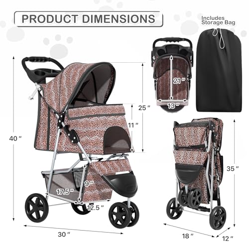 MoNiBloom 3 Wheels Pet Dog Cat Stroller for Small Medium Dogs Cats, Lightweight Foldable Jogger Stroller w/Storage Basket & Cup Holder, Leopard Print - color: Leopard Print