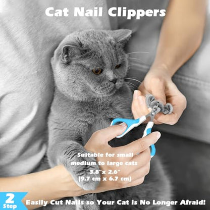 3PCS Cat Grooming Supplies, Cat Brush & Nail Clipper/Trimmer & Flea Comb for Shedding Indoor Cats Essentials Stuff Accessories (Blue) - color: Blue