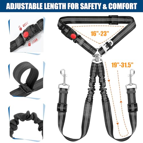 Double Dog Seat Belt for Car, Adjustable Headrest Restraint Safety Seatbelt with Reflective Bungee & Tangle-Free Swivel, No-Pull Split Leash for Vehicle Travel & Walking 2 Dogs, Black