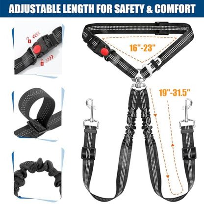 Double Dog Seat Belt for Car, Adjustable Headrest Restraint Safety Seatbelt with Reflective Bungee & Tangle-Free Swivel, No-Pull Split Leash for Vehicle Travel & Walking 2 Dogs, Black