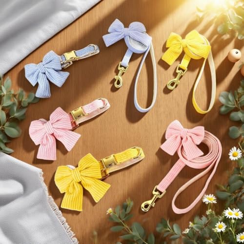 Dog Collar and Leash Set with Bowtie, Soft & Cute Puppy Collar, Cotton Puppy Collar with Adjustable Metal Buckle for Small, Medium Dog (Yellow, Size M: Neck 13"-22") - color: Yellow, size: M: Neck 13"-22" Leash 5 FT