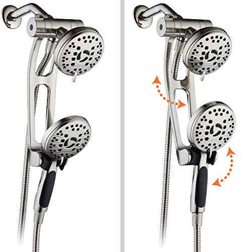 High Pressure 48-mode Luxury 3-way Combo with Adjustable Extension Arm – Dual Rain & Handheld Shower Head – Extra Long 6 Foot Stainless Steel Hose – All Brushed Nickel Finish – Top US Brand - color: Brushed Nickel