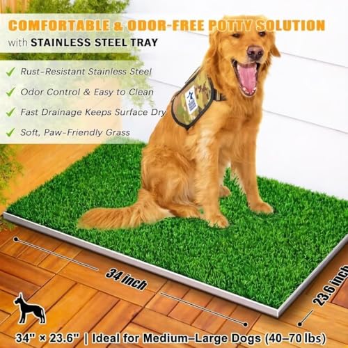 Odor-Free Stainless Steel Dog Grass Pad with Tray, Indoor Dog Potty for Apartment, Easy Clean Reusable Dog Toilet, Large Pet Pee Grass System for Small Medium Large Dogs