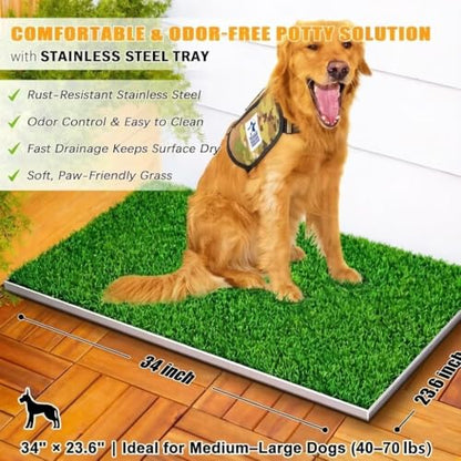 Odor-Free Stainless Steel Dog Grass Pad with Tray, Indoor Dog Potty for Apartment, Easy Clean Reusable Dog Toilet, Large Pet Pee Grass System for Small Medium Large Dogs