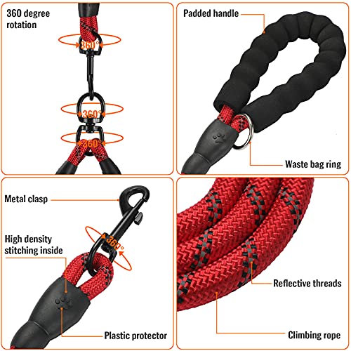 Double Dog Leash Reflective Detachable Coupler &360° Swivel Tangle Free, Heavy Duty Rope Leash Control with Padded Handle for Dual Large Medium Dogs Walking Running Training (Red) - color: Red