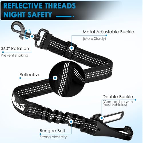 Lukovee Dog Seatbelt Leash for Cars, 2 Pack Pet Safety Car Seat Belt with Adjustable Buckle & Reflective Bungee, Connect Dog Harness in Vehicle Car Dogs Restraint Travel Daily Use (Black) - color: B-Black