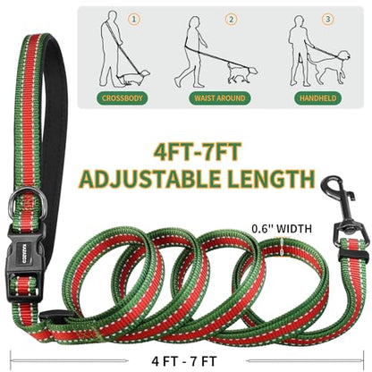 Kazazoo Hands-Free Dog Leash with Poop Bag Holder, Adjustable 4-7 Ft Waist for Dog Walking, Running for Small Dogs with Reflective Strips, Nylon Waist Belt，Red&Green - color: Red&green