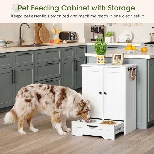 Dog Feeding Station with Storage Cabinet, White Wood Dog Cabinet with 2 Elevated Stainless Steel Bowls, Hidden Pull-Out Feeder Drawer, Pet Feeding Station for Kitchen and Living Room - color: White