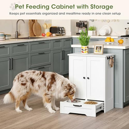Dog Feeding Station with Storage Cabinet, White Wood Dog Cabinet with 2 Elevated Stainless Steel Bowls, Hidden Pull-Out Feeder Drawer, Pet Feeding Station for Kitchen and Living Room - color: White
