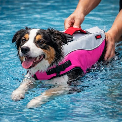 Water Float Dog Flotation Life Jacket Vest, Swimming Float Aid with Safety Handle, Adjustable Comfortable Durable Preserver High Buoyancy Coat (Pink, Medium) - color: Pink, size: Medium