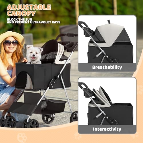 Magshion Foldable Pet Stroller, 3-in-1 Dog Travel Jogger with Detachable Carrier, Cup Holder, Storage Basket, Folding Carrier for Small/Medium Dogs & Cats Up to 33 lbs, Black - color: Black, style: Up to 33 lbs