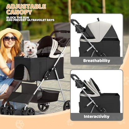 Magshion Foldable Pet Stroller, 3-in-1 Dog Travel Jogger with Detachable Carrier, Cup Holder, Storage Basket, Folding Carrier for Small/Medium Dogs & Cats Up to 33 lbs, Black - color: Black, style: Up to 33 lbs