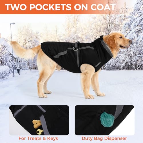 Mihachi Dog Snow Jacket Waterproof Dog Coat with Harness Built in,Thick Fleece Lined & Pockets,Turtleneck Warm Winter Jacket for Large Dogs Reflective Fleece Vest with Zipper,Snowsuit Outfit,Black XL - color: Black, size: X-Large