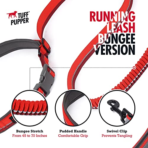 Tuff Pupper Hands Free Bungee Dog Leash | Lightweight for Running Jogging Walking | Adjustable Padded Waist Belt (24-50 inch) | Bungee Stretch 3 to 6 Feet | Strong Ballistic Nylon w/Reflective Strips - color: Fiery Red