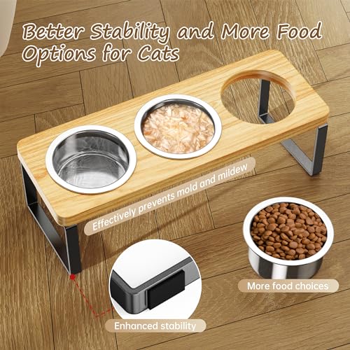 Elevated Cat Bowls with 3 Stainless Steel Bowls | 10° Tilted Anti-Vomiting Raised Cat Food Bowl for Small Cats and Puppies Pet Bowl with Stand - color: Bamboo