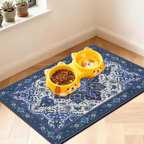 Pet Feeding Mat for Floors Waterproof Dog Mat for Food and Water Absorbent Quick Dry Non Slip mat for Cat Bowls - color: BlueBoho, size: 24"L x 16"W