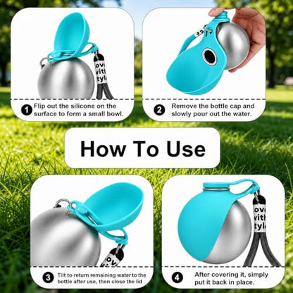Leak Proof Portable Stainless Steel Dog Water Bottle, Flip-Top Silicone Bowl for Small Dog & Cat, Insulated Hot & Cold Retention, One-Hand Easy Use for Walking & Hiking, 10oz Blue(No Print) - color: Blue