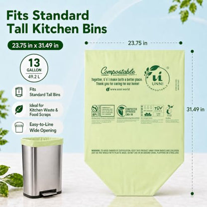 UNNI Compostable Trash Bags, 13 Gallon / 49.2 Liter, 200 Count Value Pack, Extra Thick 0.9 Mil Tall Kitchen Food Scrap Bin Liners, Certified by BPI, CMA & OK compost HOME, Meets ASTM D6400 Standard - size: 200 Count (Pack of 1), style: 13 Gallon