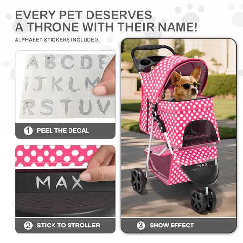 MoNiBloom 3 Wheels Pet Dog Cat Stroller for Small Medium Dogs Cats, Foldable Jogger Stroller w/Storage Basket and Cup Holder, Hot Pink Polka Dots - color: Hot Pink Polka Dots