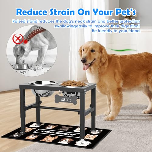 SHAINFUN Elevated Dog Bowls with Mat for Medium Large Dogs, Raised Dog Bowl Stand with 2 Stainless Steel 58oz Bowls, Tall Dogs Food Water Bowl Holder - color: Black-1.7L