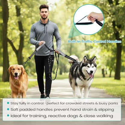 wikiRay Double Dog Leash Coupler for Walking 2 Dogs – No Tangle Dual Dog Splitter with Shock-Absorbing Bungee, Padded Traffic Handles & Reflective Stitching (Grey) - color: Grey