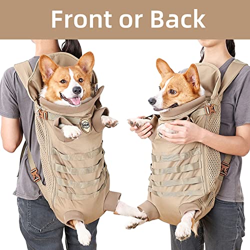 FLAdorepet Dog Carrier Tactical Backpack for Medium Large Dogs,Soft Hands-Free Legs Out Pet Front Cat Dog Carrier Backpack Travel Bag for Outdoor Traveling Hiking Camping (Medium, Khaki) - size: 21.7"L x 7.5"W x 13.0"H